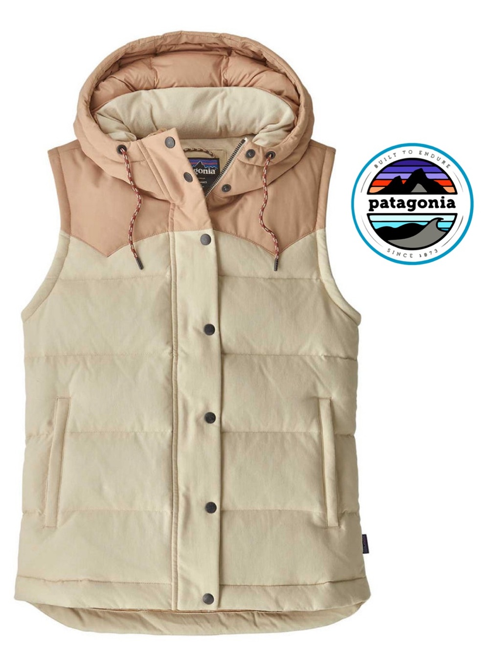 NWOT Patagonia Bivy Down Hooded Puffer Vest in Tan & Cream